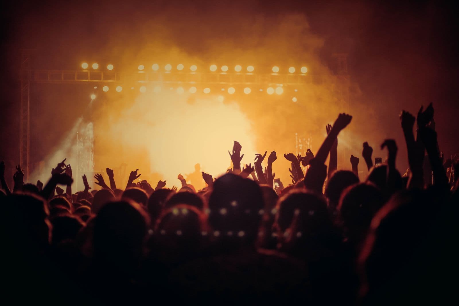A crowd with raised hands facing a brightly lit stage